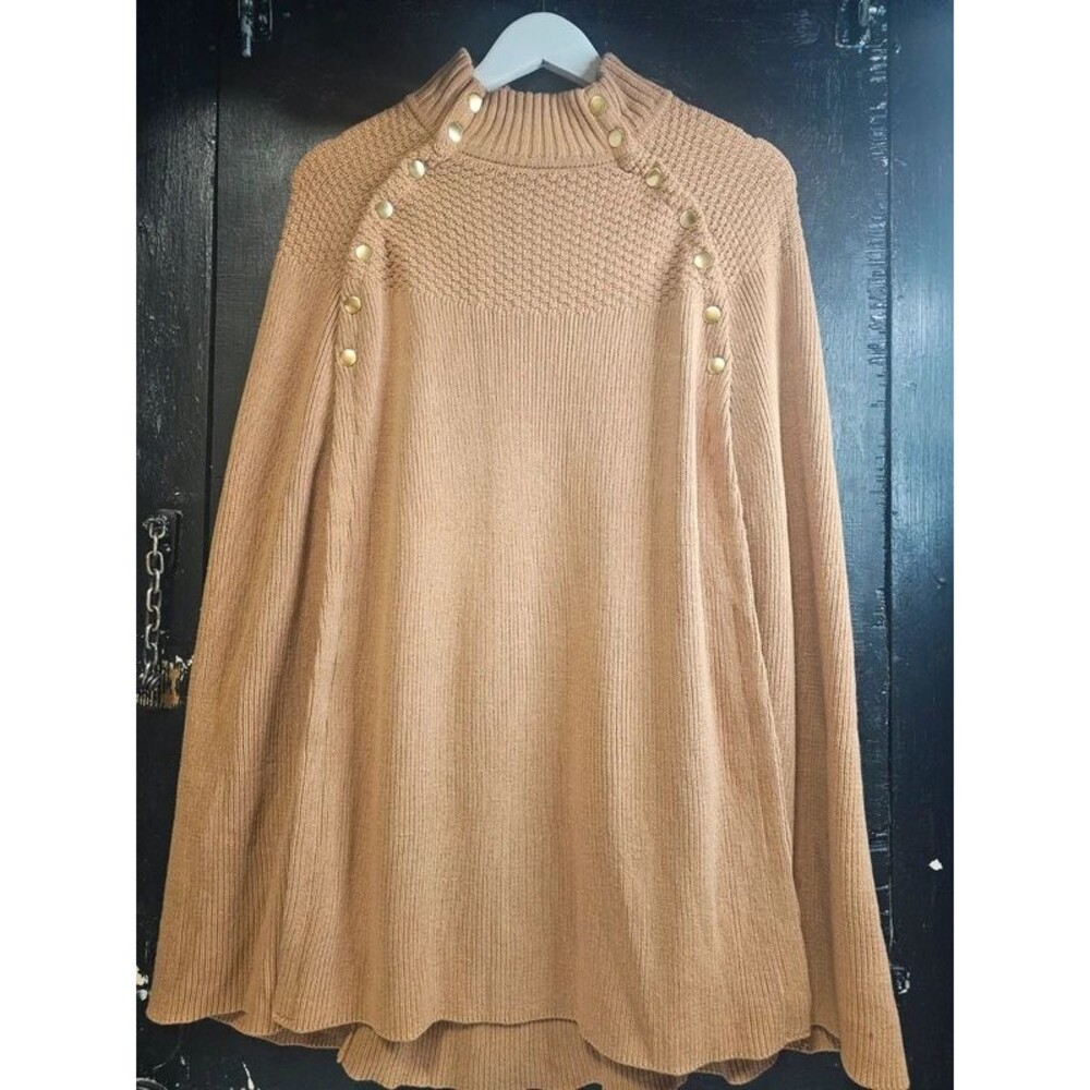 GILI Camel Knit Cape Poncho Sweater Gold Buttons M/L